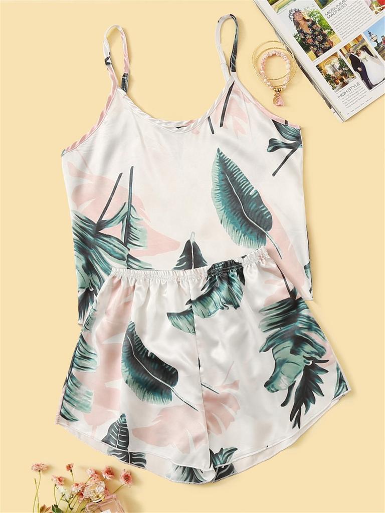 European and American Style Women's Sexy Satin Loungewear Two Piece Camisole and Shorts Pajamas Set Summer Fashion Printed  Homewear