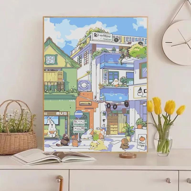 DIY Hong Kong Street Scene Digital Oil Painting - Hand-Painted Landscape for Coloring and Relaxation