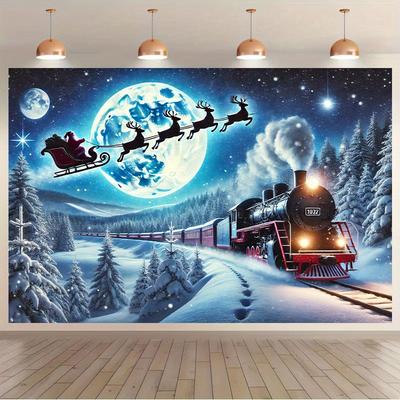 1pc Polyester Winter Night Sky Steam Train & Santa Flying Fantasy Scene Backdrop Cloth, Multi-Functional Wall Hanging Fabric for