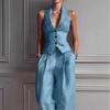 Women Two Piece Vest Pants Suit V Neck Sleeveless Button Waistcoat High Waist Pleated Wide Leg Trousers Business Office Outfit