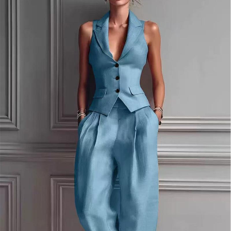 Women Two Piece Vest Pants Suit V Neck Sleeveless Button Waistcoat High Waist Pleated Wide Leg Trousers Business Office Outfit