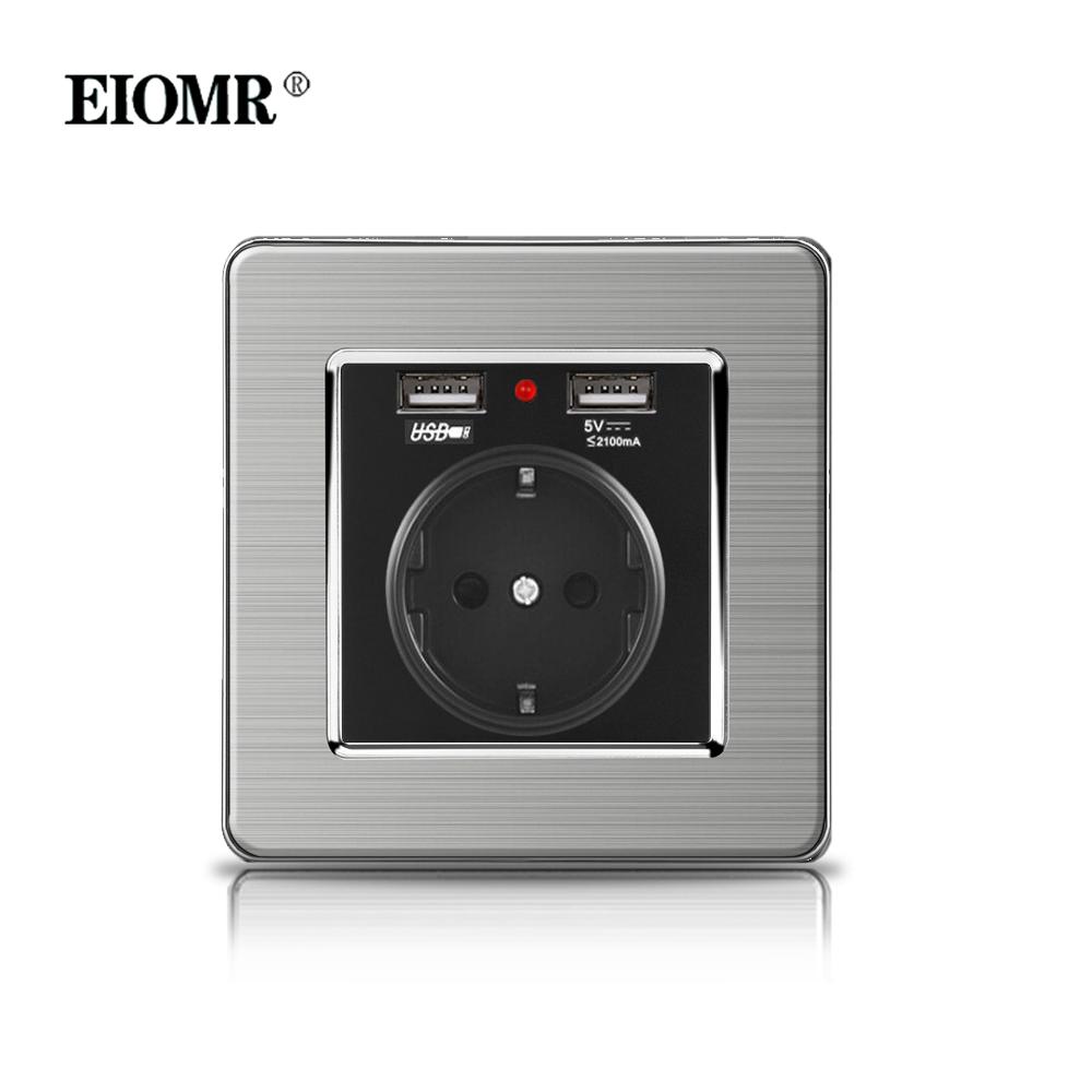 EIOMR 16A Black EU Standard Wall Sockets and Switches Stainless Steel Panel with Children Protective Door with USB Power Outlet