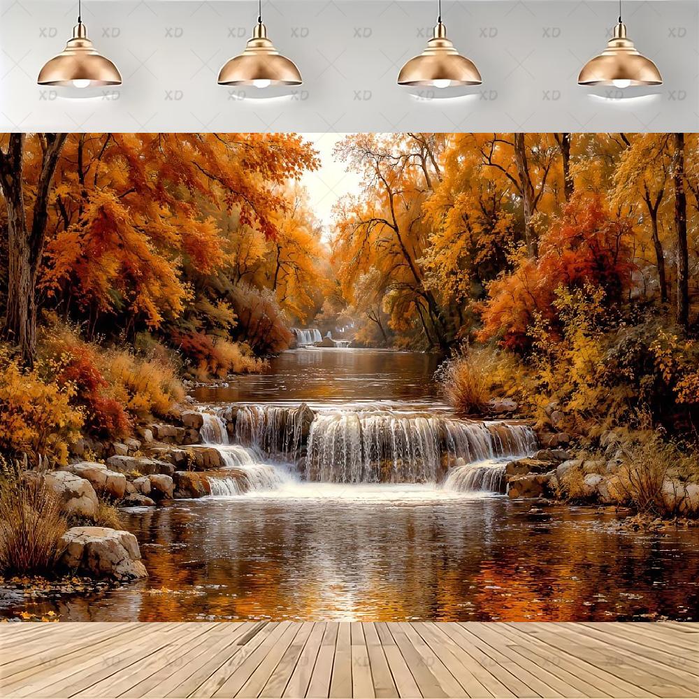 Rustic photographic backdrop: Maple forest, orange autumn leaves, pumpkin banner, for baby shower decorations4917