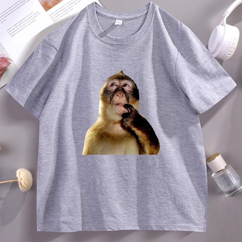 Funny Monkey Thinking Meme T Shirt Unisex Unisex Vintage Short Sleeve Round Neck Tshirt Male Designer Clothes Animal Lover Tees