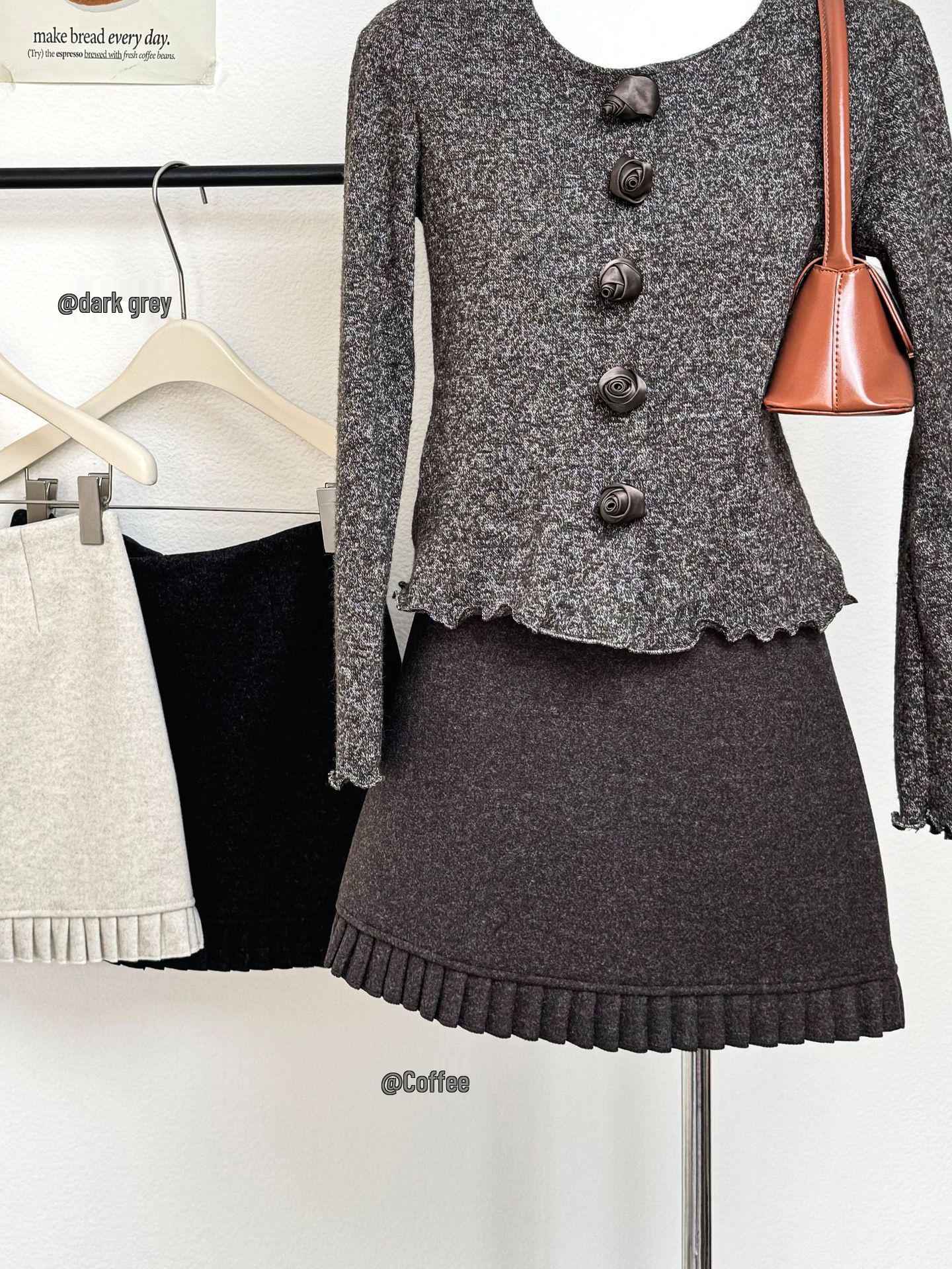 Gray Wool Blend High Waist Pleated Lace Patchwork Skirt - Autumn/Winter, Petite Spicy Girl Small коричневый