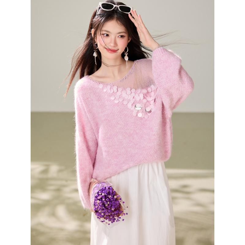 Women's French Sequin V-Neck Knit Sweater - Soft, Fluffy, Versatile