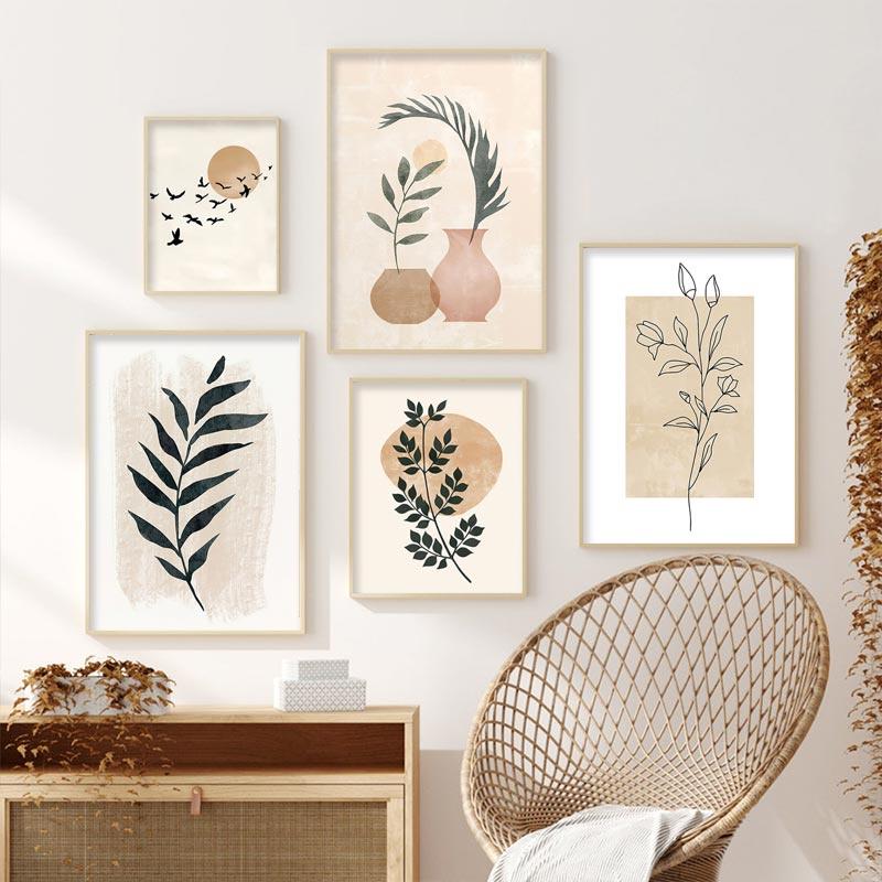 Boho Poster Botanical Floral Landscape Canvas Painting Abstract Lines Leaves Print Picture Living Room Decor Wall Art