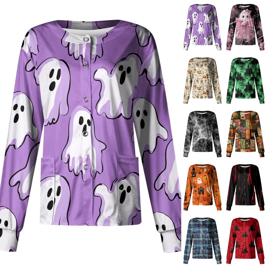 Women's Halloween Print Long Sleeve Cardigan Top with Single Button Front for Caregiver Uniform