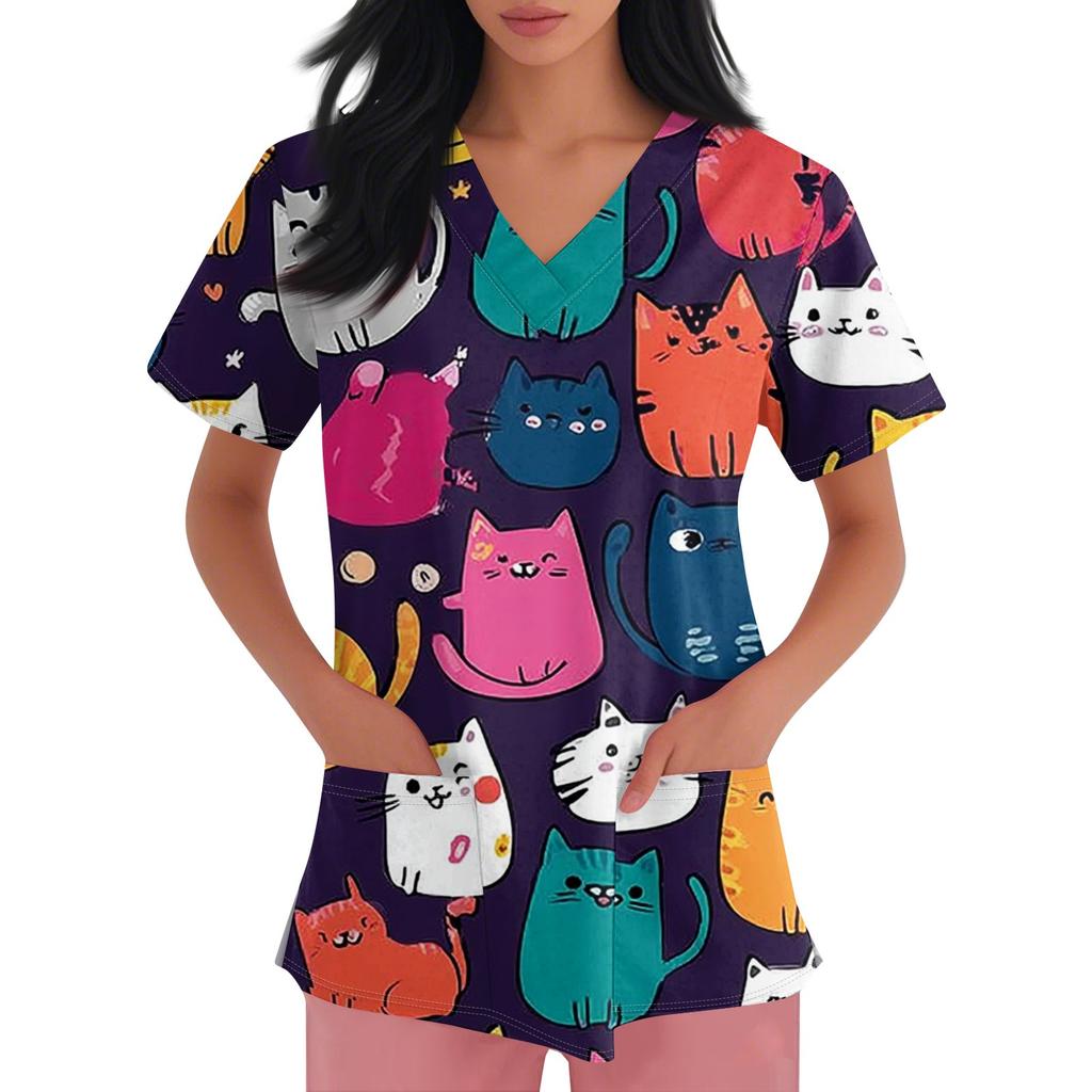 Women's V-neck Printed Short-sleeved Work Clothes With Side-slit Pockets And Uniforms