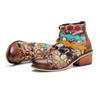 Johnature Genuine Leather Short Boots Hand Printed Retro Patchwork Fashionable Rivets Mid Heeled Shoes