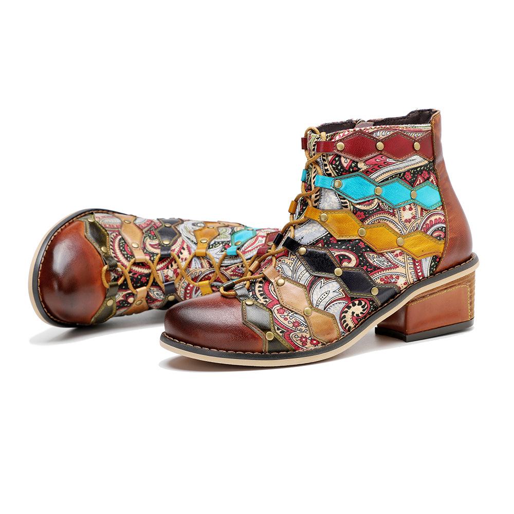 Johnature Genuine Leather Short Boots Hand Printed Retro Patchwork Fashionable Rivets Mid Heeled Shoes
