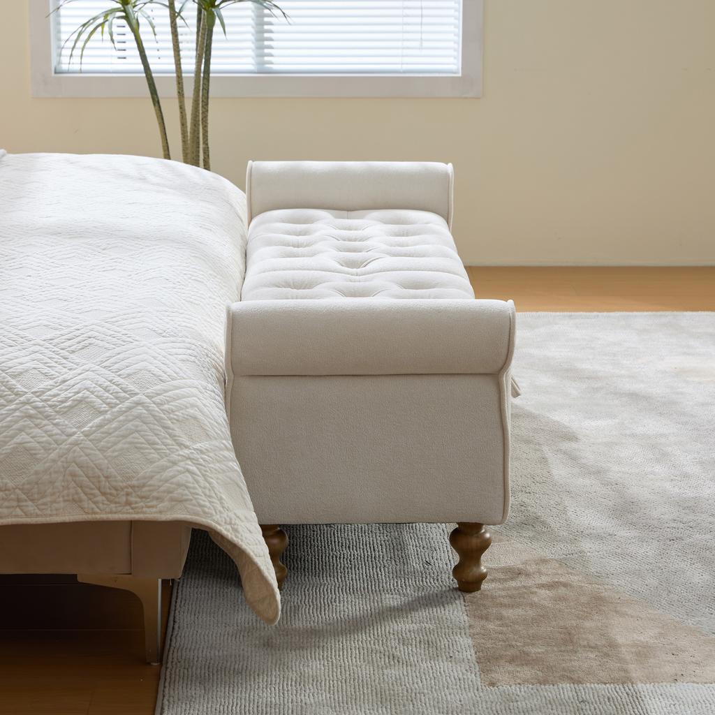 Modern Bench with 2 Lids, Velour Footstool with Rolled Armrests, As Daybed, Rubberwood Legs, for Living Room, Hallway, Bedroom, Color: Beige