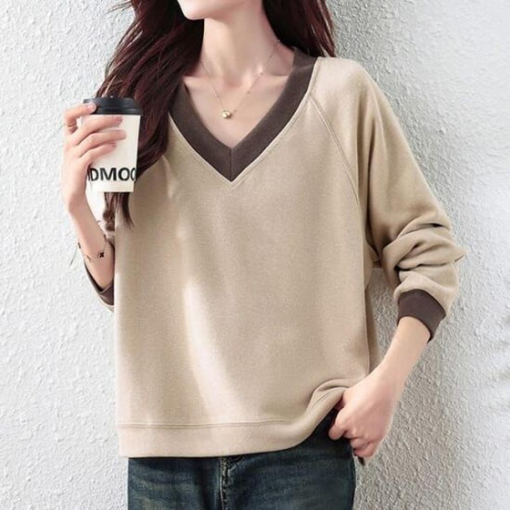 NaVaVa Women Casual Color Block V Neck Long sleeVe Sweatshirt Nt2973