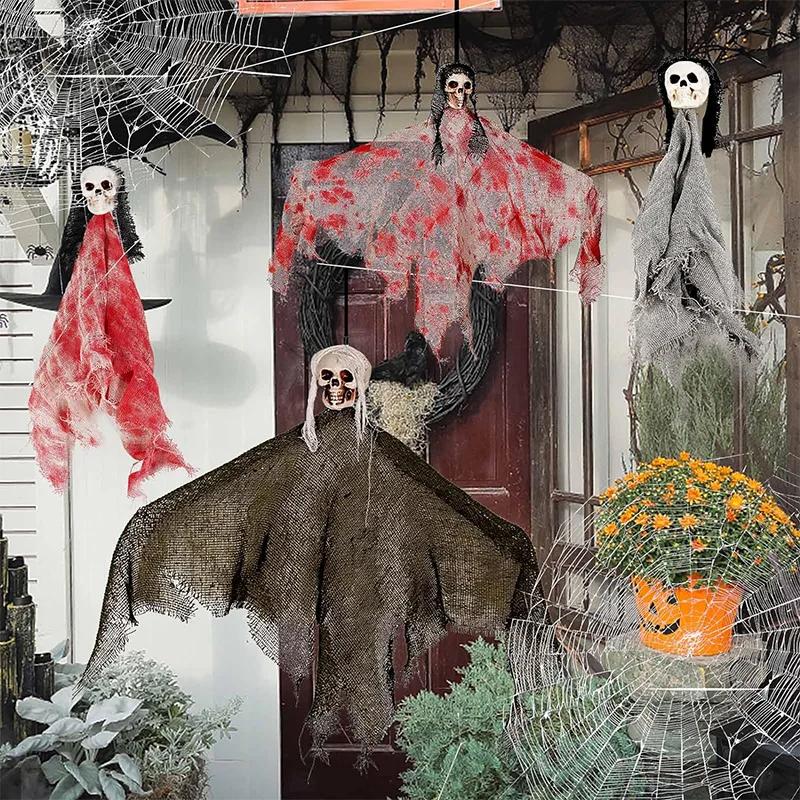 Halloween Horror Decoration Hanging Ghost Skull Props with Flag for Haunted House Outdoor Yard Party Holiday Scene Setup Use
