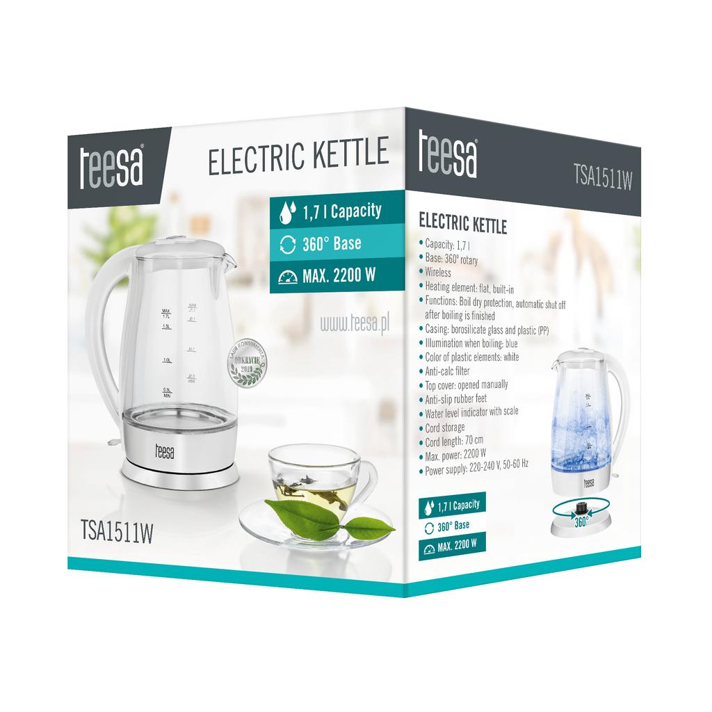 Bollitore elettrico senza fili Teesa, vetro, bianco, 2200W, 1,7L