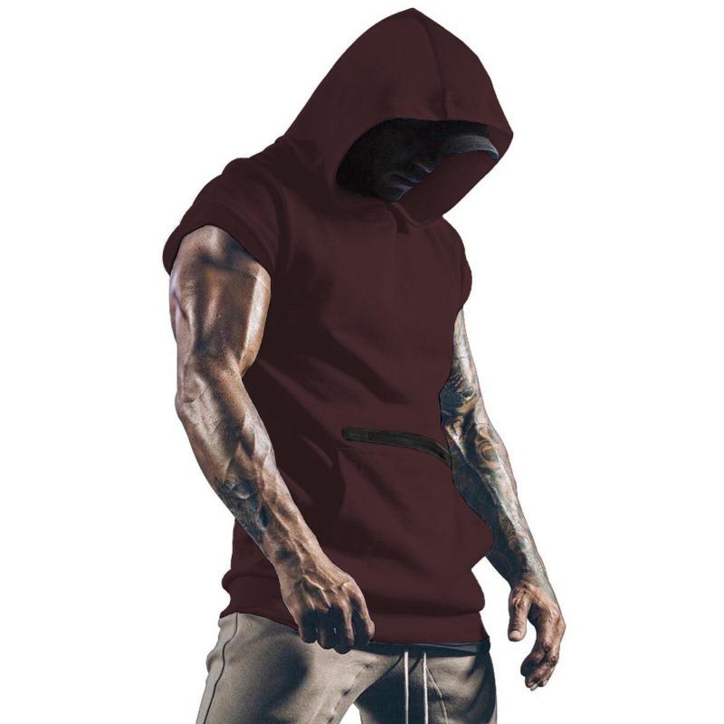T-shirt da uomo con cappuccio, manica corta, tasca con zip, senza maniche, per allenamento muscolare