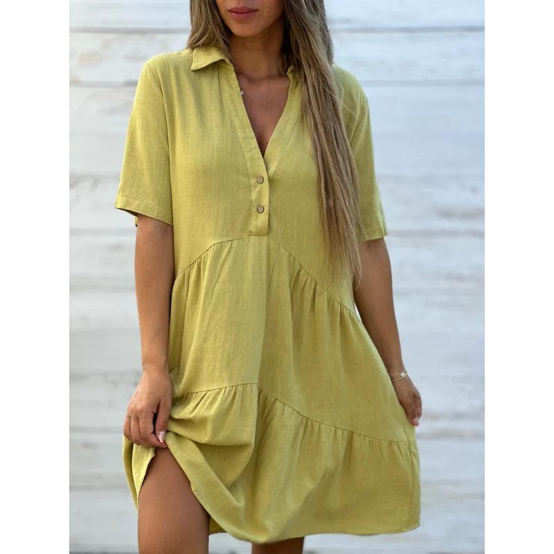 Women's Dress Fashion Summer Loose Solid Color Lapel Casual Short Sleeved Cotton and Linen Dresses