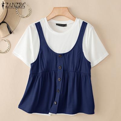 Women Casual Round Neck Summer Short Sleeve Patchwork T-Shirts