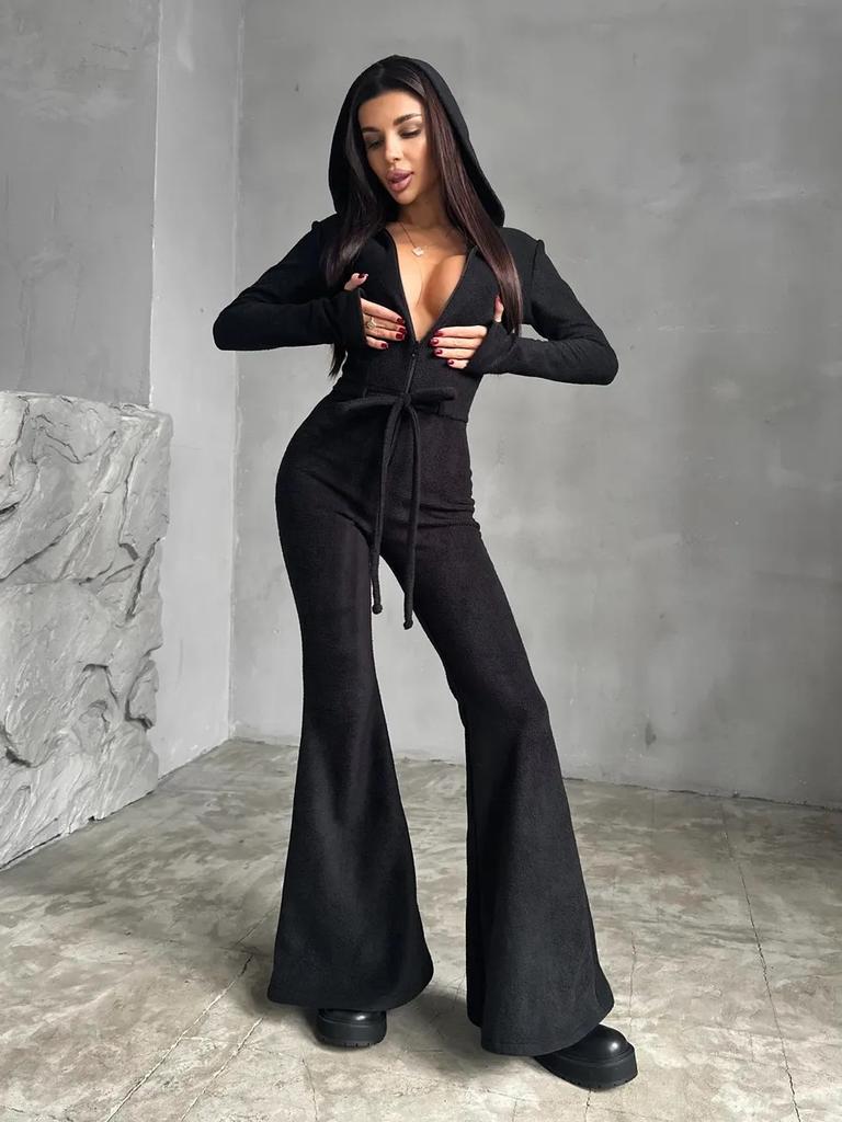 Fleece Slim Fit Hooded Jumpsuit Women's, Front and Mid Full Zipper Strap Waist Tights Casual Jumpsuit