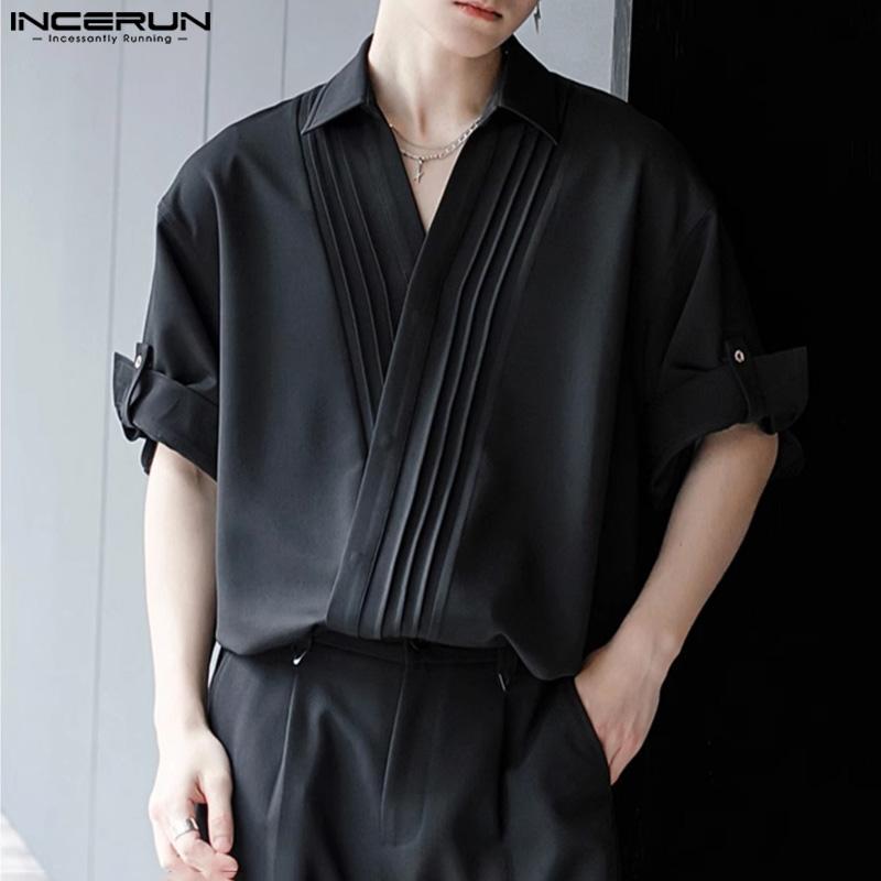 INCERUN Men Short Sleeve Pleated Shirts Casual Front Cross Solid Tops