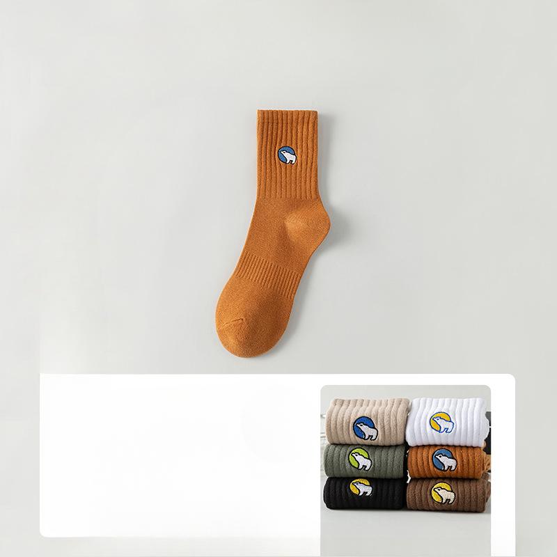 5 Pairs of Men's Autumn Cotton Sports Thick Embroidered Sweat Absorbing Deodorizing Mid Tube Socks