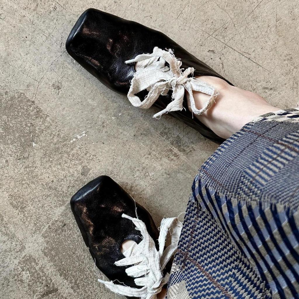 Leather version retro literary square head small leather shoes women's high sense thick heel lace-up temperament loafers shoes versatile single shoes