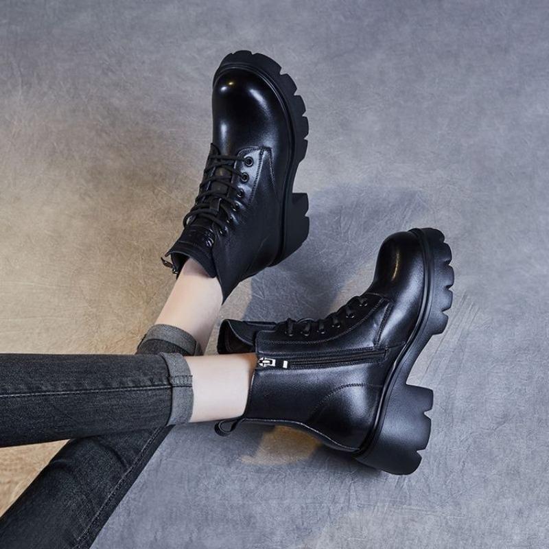 New Martin Boots Women's Shoes, Retro Soft Leather Single Boots, Thick-soled Height-increasing Boots with Fleece