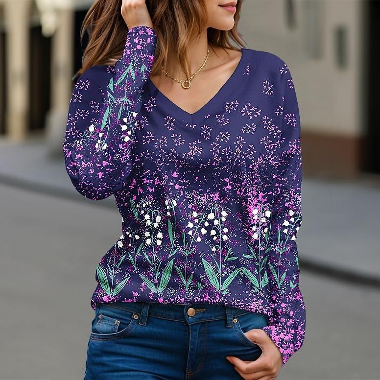 

3D Топ с принтом ландышей Повседневные женские футболки с длинным рукавом - Мягкая полиэстеровая ткань средней эластичности Одежда свободного кроя на весну и осень 5XL