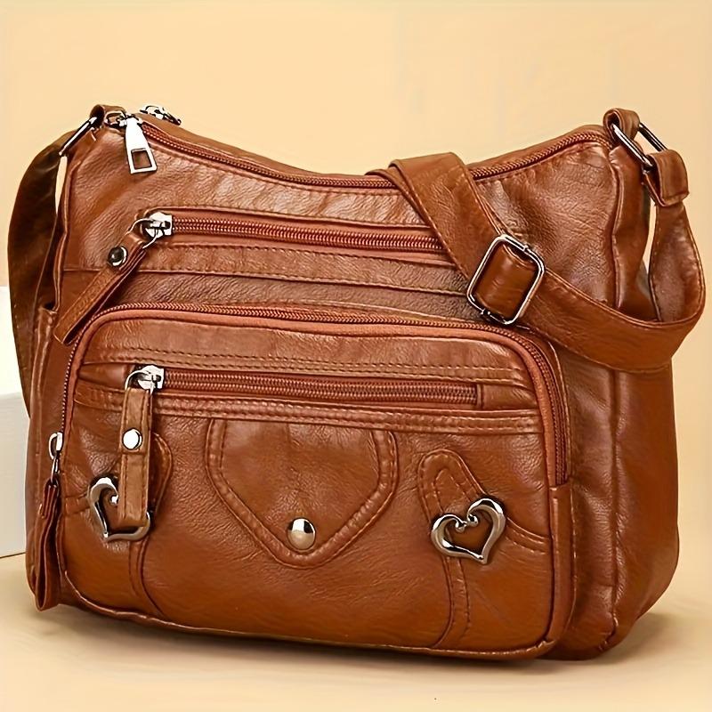 With Adjustable Shoulder Strap, Multiple Zippered Heart Cut-Out Design - Solid Color Handbag For Work, Shopping, Daily Use