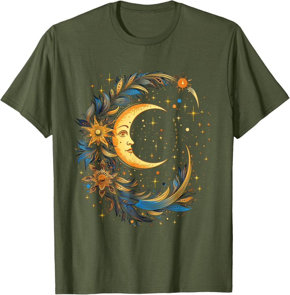 Mystic Celestial Moon and Sun Face Graphic Tee Casual Cotton Short Sleeve T-Shirt for Men