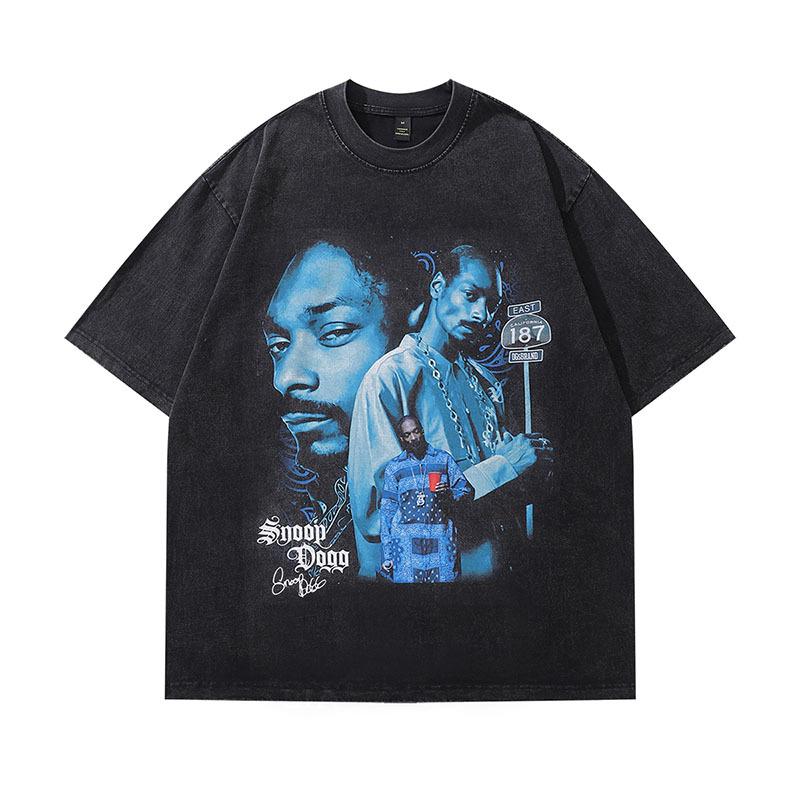 American Retro Trendy Brand Hip-Hop Portrait Print Washed Old Short-Sleeved T-Shirt Men'S And Women'S Vintage Half-Sleeved Top
