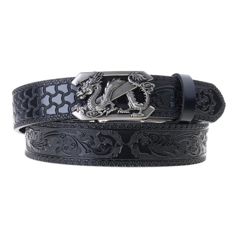 Dragon Buckle Men s Leather Belt Automatic Buckle Ratchet Designs Ethnic Carved Pattern Belt for Jeans and Casual Wear