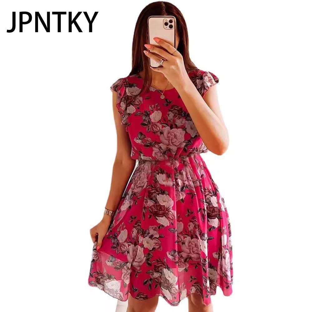 JPNTKY Fashion Women Casual Loose O-Neck Butterfly Sleeve Floral Print Dress