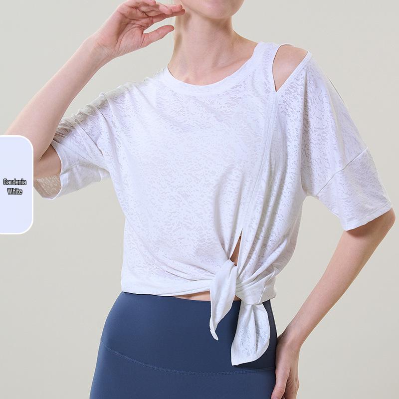 

Женская дышащая жаккардовая кофта с коротким рукавом и ажурным узором для йоги Medium