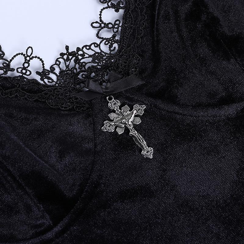 Dark Style Lace Trim Velvet Camisole Dress - Hip-Hugging Spicy Girl Skirt (European & American)