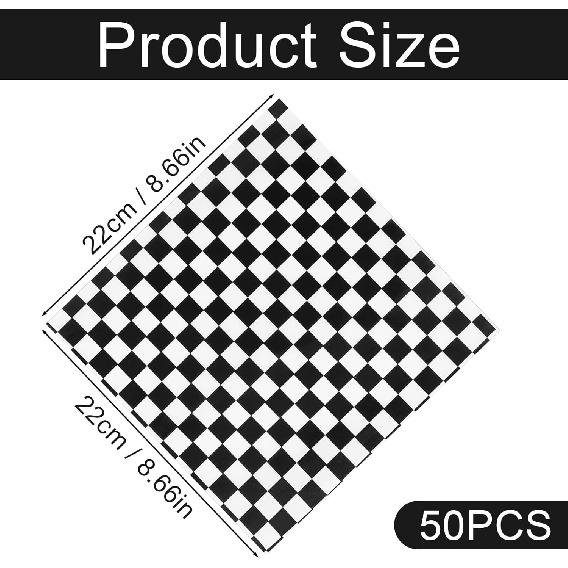 50PCS Checkered Wax Paper Sheets for Food Food Waxed Paper Sheets Sandwich Wrapping Paper Sheets Black Waterproof Oil-Proof Food Basket Liners for