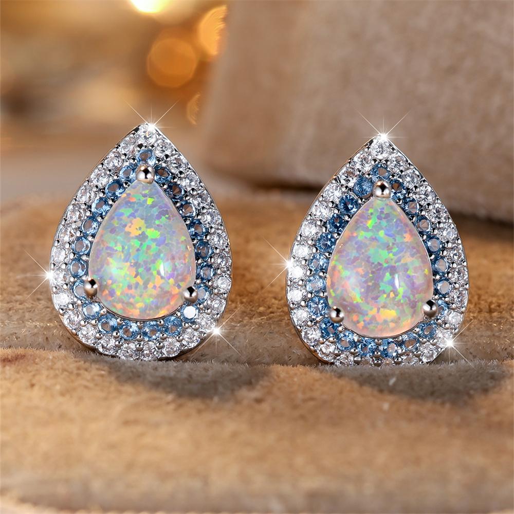 White Fire Opal Stud Earring Cute Blue Crystal Water Drop Stone Earrings For Women Trendy Silver Color Wedding Jewelry Accessory