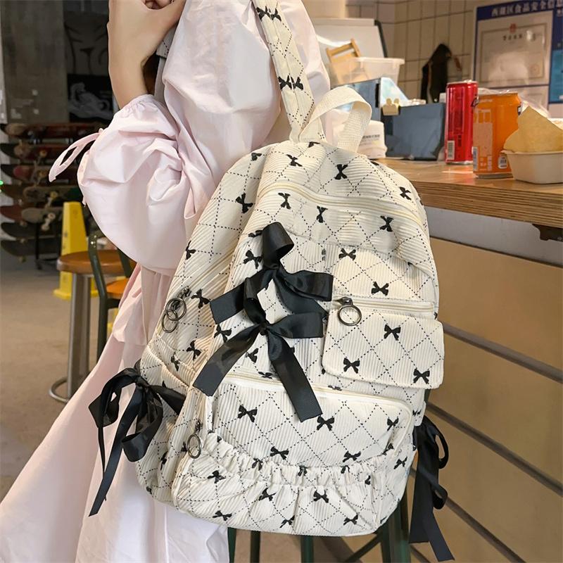 Corduroy Backpack Large Capacity Bow Print Backpack Student Schoolbag
