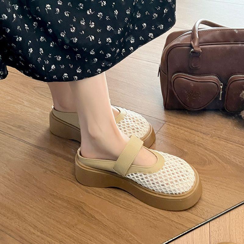 Thick-bottomed Mesh Breathable Bag Head Half Slippers Women's Outer Wear 2025 New Summer Fashion One Pedal with Skirt Sandals
