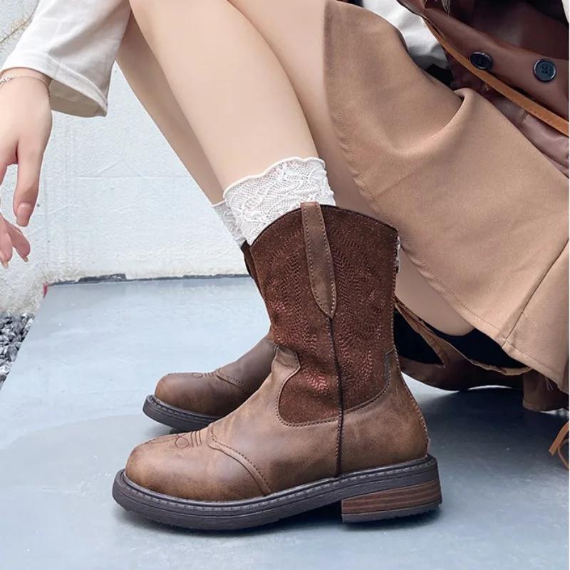 Fashion New Embroidered Leather Western Ankle Boots for Women Autumn Winter Fashion Soft-soled Casual Women's Chelsea Boots Shoes