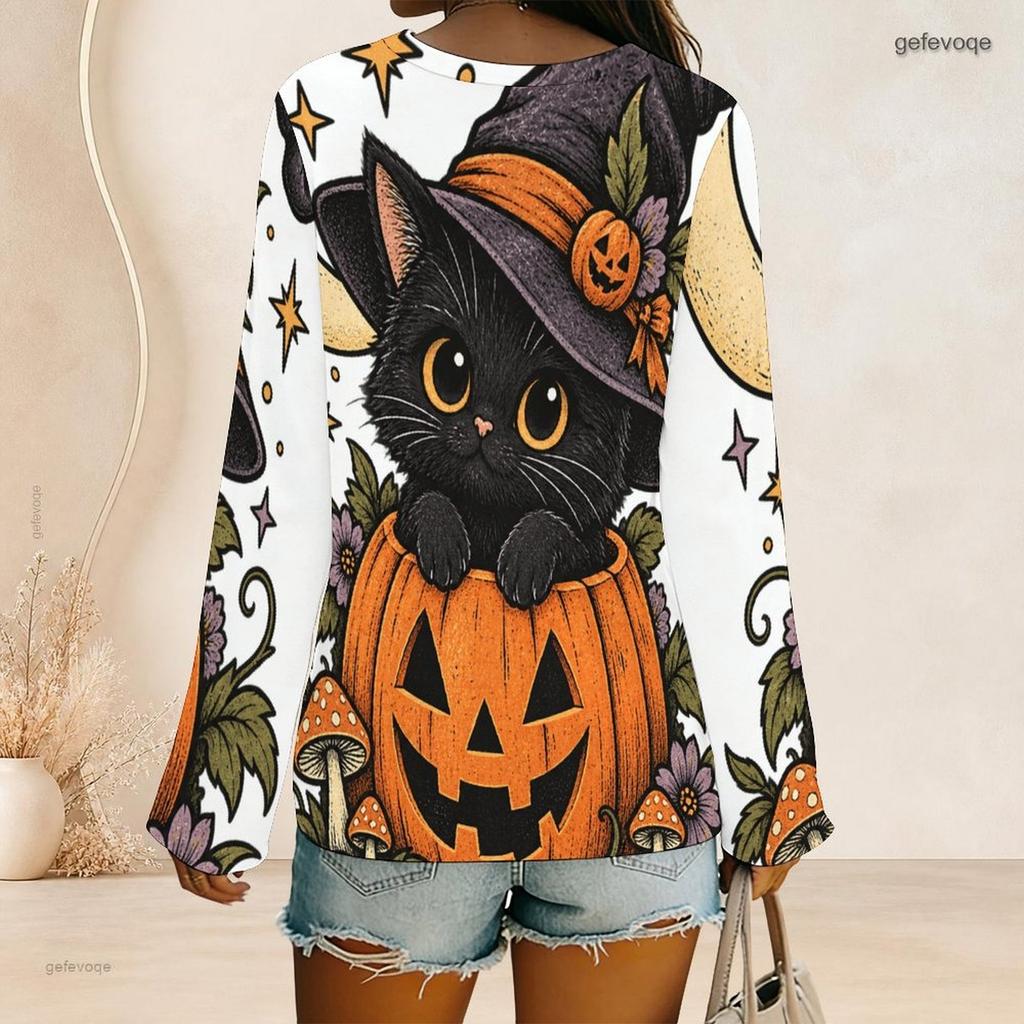 Women Plus Size V Neck Long Sleeve Halloween Mushroom Ghost Print Top