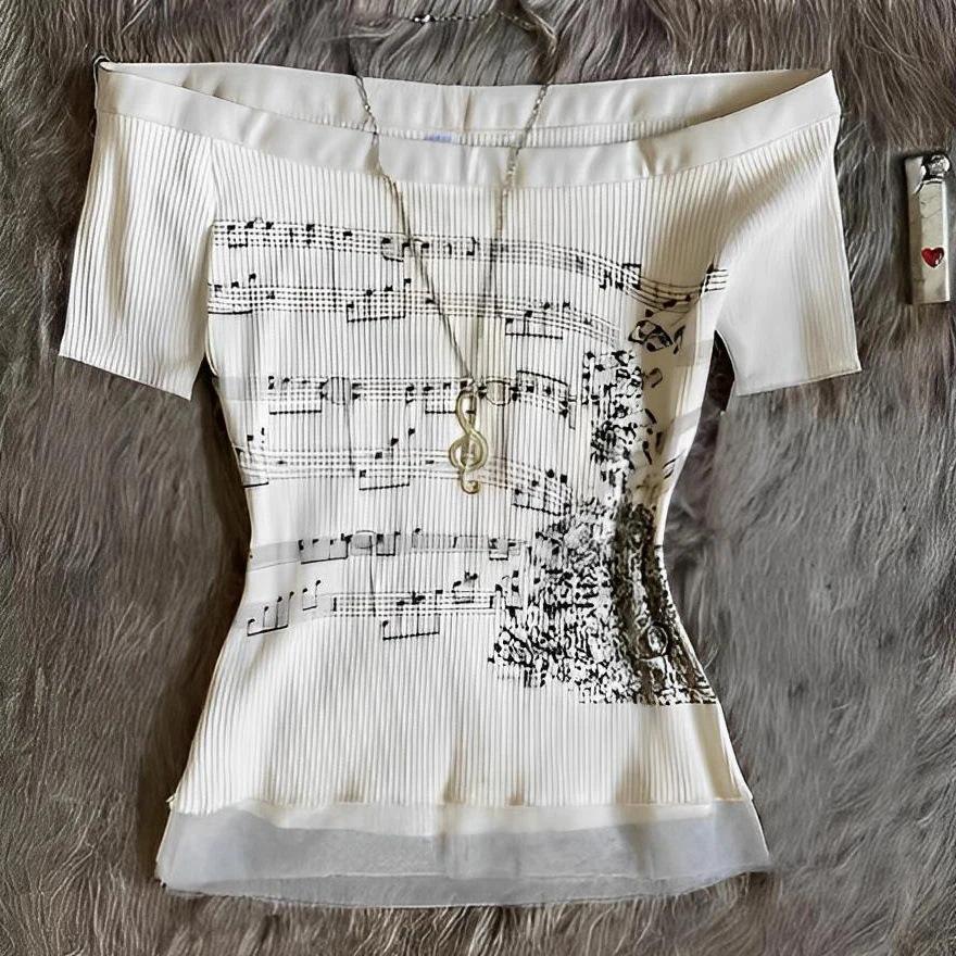 Girls' Retro Slim-Fit Off-Shoulder Long Sleeve T-shirt with Artistic Notes