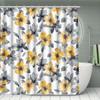 4Pcs Yellow Black Floral Shower Curtain Set with Non-Slip Bath Mat, Toilet Lid Cover, Contour Rug & 12 Hooks, Bathroom Decor