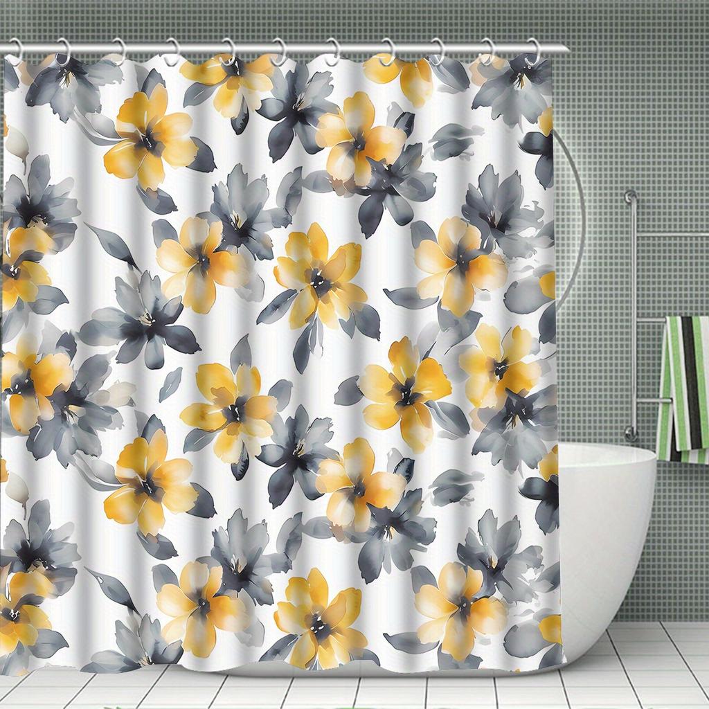 4Pcs Yellow Black Floral Shower Curtain Set with Non-Slip Bath Mat, Toilet Lid Cover, Contour Rug & 12 Hooks, Bathroom Decor