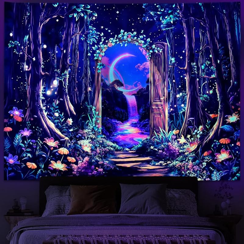 Heynvioo Blacklight Forest Tree Tapestry UV Reactive Moon Tapestry Trippy Galaxy Space Tapestries Fantasy Landscape Tapestries Aesthetic Plant Wall