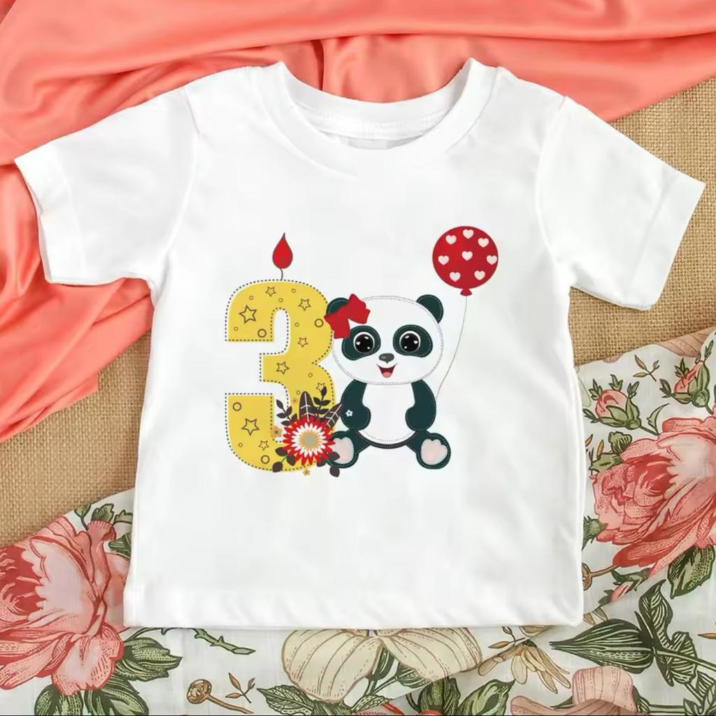 Hotselling Birthday Panda Digital Print Childrens Tshirts Roundneck Shortsleeved Tshirts for Boys and Girls Summer Modal