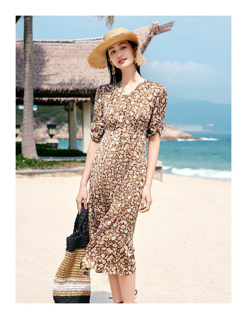 Jiuzi Anna Kou Elegant Holiday Plant Printed Bubble Wrinkle Texture Waist Dress for Women 2025 Summer New Style
