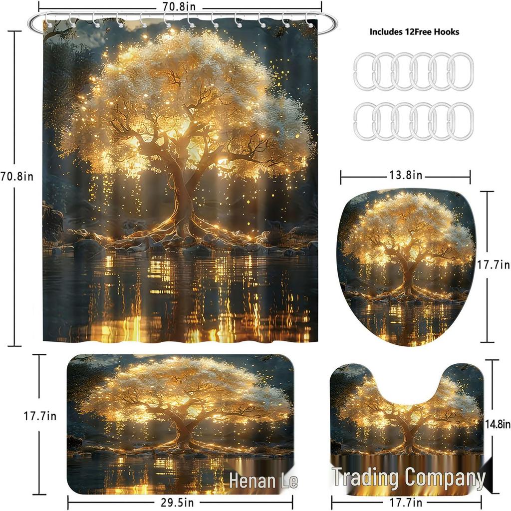 Luminous Golden Tree Pattern Bathroom Set with 12 Hooks - Decorative Home Accessories