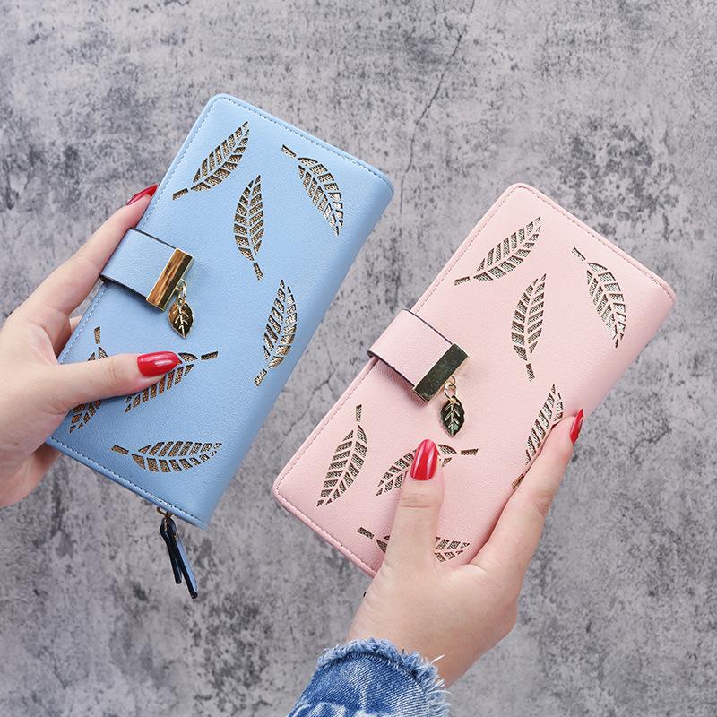 2020 Korean Women's Long Clutch with Hollow Leaf Design and Zipper Buckle
