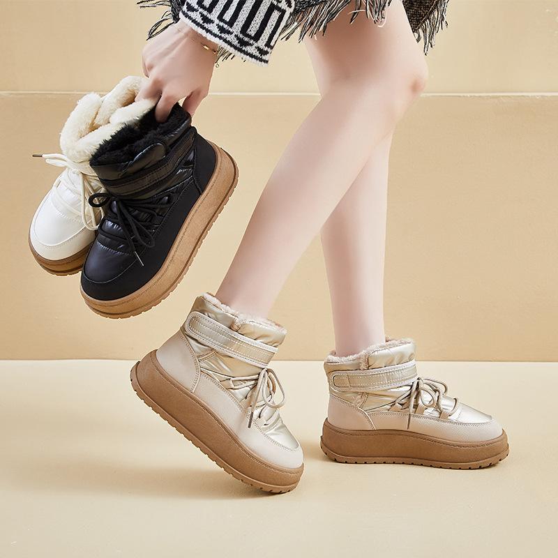 Winter Warm Snow Boots for Women Non-Slip Chunky Platform Sneakers With Faux Fur Lined Lace-Up Tennis Walking Shoes Women's Comfortable Short Booties